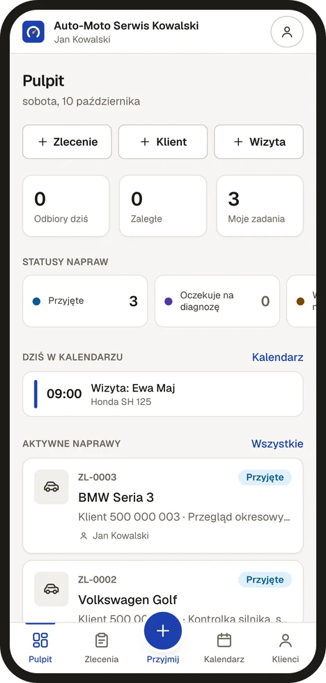 Ekran pulpitu programu Odpala na telefonie: zlecenia, wizyty i statusy napraw