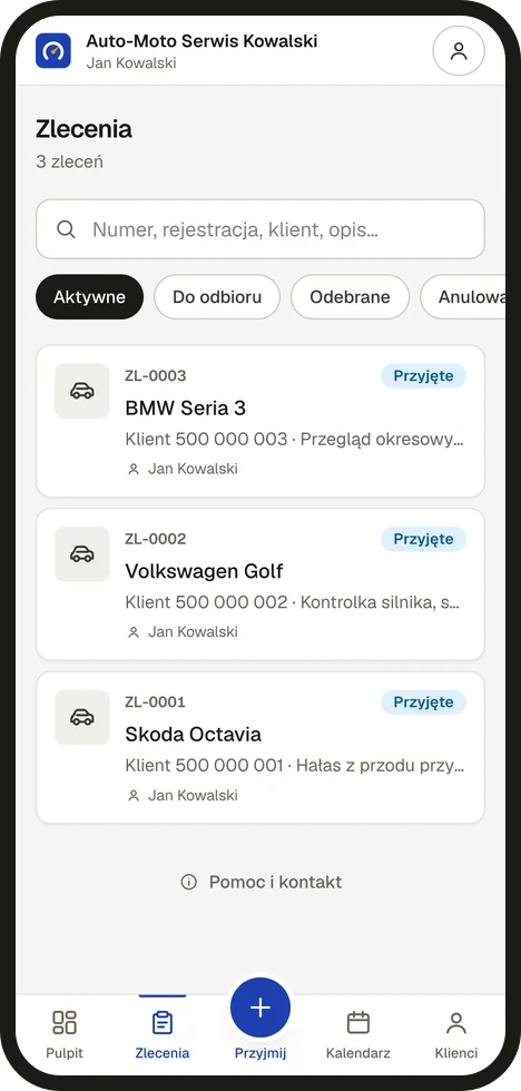 Lista zleceń w programie Odpala na telefonie